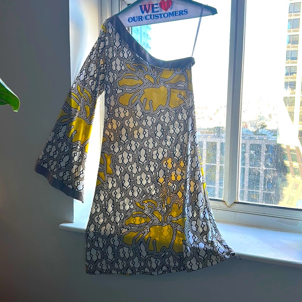 Prairie New York vintage dress one shoulder yellow, brown white
